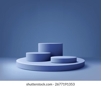 Escena moderna de la exhibición del producto con los podios circulares en azul polvoriento suave diseñado como fondo minimalista de la sala de exposición para los propósitos de la marca, de la publicidad, y de la presentación creativa