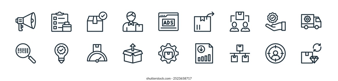 modern product management icon pack. perfect for linear ui designs featuring vector delivery box, target, network, bar graph, ting, open box, performance and more icons for mobile and web apps.