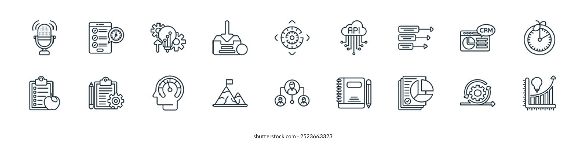 modern productivity icon pack. perfect for linear ui designs featuring vector improvement, iteration, report, notes, delegate, goal, mental control and more icons for mobile and web apps.