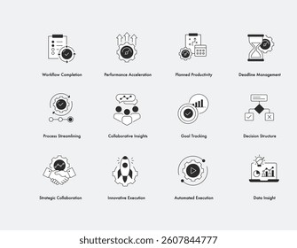 Modern Productivity and Team Coordination Symbols. Icons for Project Planning, Business Growth, and Data Insights. Editable Stroke.