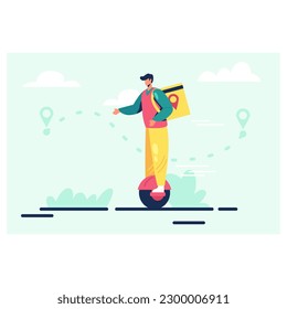 Modern profession. Delivery of orders using mini vehicles. Courier with cargo moves on unicycle. Male character works to deliver parcels. Courier services on difficult hiking routes and roads