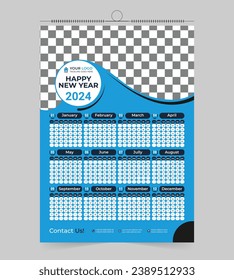 Modern professional 2024 wall calendar design, 1 page high-quality print-ready calendar vector template 