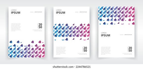 Modern and professional a4 size portrait poster design template set with purple and blue gradient artwork, flyer or leaflet layout, banner, presentation, book or magazine cover, annual report