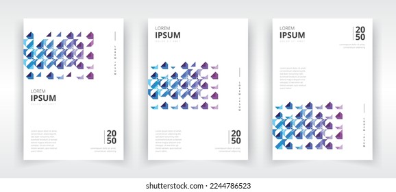 Modern and professional a4 size portrait poster design template set with violet and blue gradient artwork, flyer or leaflet layout, banner, presentation, book or magazine cover, annual report