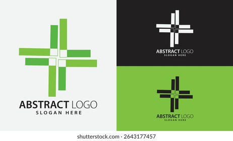 Modern Professional abstract logo intersecting rectangles forming a symmetrical cross symbolizing balance, sustainability, and growth.. Ideal for healthcare, medical, hospitals, clinics, eco-friendly.