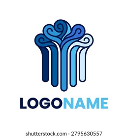 Modern and professional architectural icon featuring blue vertical elements and waves, suitable for construction firms, legal services, or educational institutions.