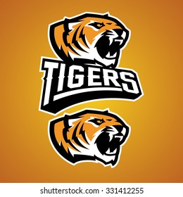 Modern professional baseball logo for sports team. Illustration of a tiger on orange background.