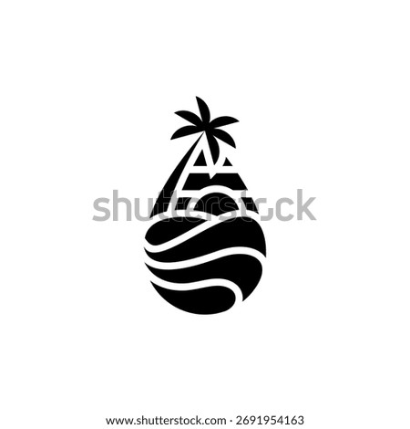 A modern, professional beach scene within a drop shape, symbolizing travel, tropics, and premium vacation.