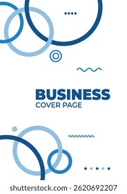A modern and professional business cover page template featuring a clean white background with abstract geometric circles and wavy lines in various shades of blue.
