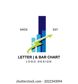 Modern and professional business logo initial letter I with swoosh thunderbolt arrow combining with bar chart