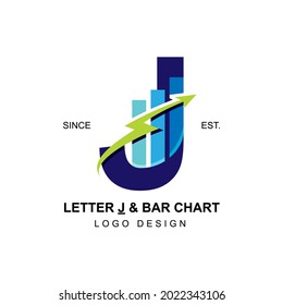 Modern and professional business logo initial letter J with swoosh thunderbolt arrow combining with bar chart