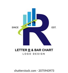 Modern and professional business logo initial letter R with swoosh thunderbolt arrow combining with bar chart