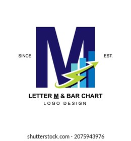 Modern and professional business logo initial letter M with swoosh thunderbolt arrow combining with bar chart