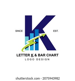 Logotipo de negocio moderno y profesional letra inicial K con flecha de perno de oscilación que combina con gráfico de barras