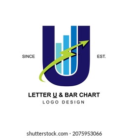 Modern and professional business logo initial letter U with swoosh thunderbolt arrow combining with bar chart