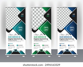 Modern professional business roll up or pull up banner template design for company redy for print 3 color aditable size 31.9 x 79 inches with Bleed 1 inches	

