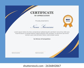Modern professional certificate of appreciation template for company with blue and gold color