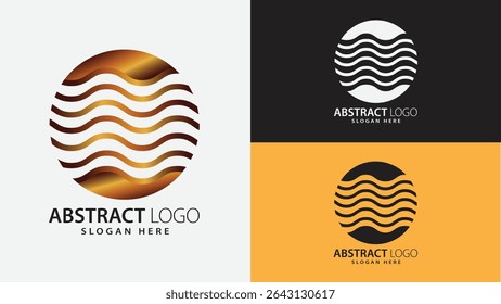 A modern and professional circular abstract logo featuring dynamic flowing wavy lines within a smooth golden circular shape finished with a rich golden and brown gradient. Perfect for tech brands logo