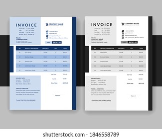 Modern And Professional Clean With Minimal Business Invoice Template, Black And White And Blue Color Invoice, Multi-color Invoice, Receipt Voucher, Bill, Quotation