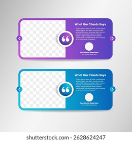 Modern Professional client testimonial design template with photo place holder for product or service and people that give testimonials. purple and blue gradient background colors on horizontal layout