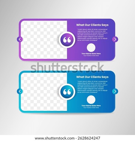 Modern Professional client testimonial design template with photo place holder for product or service and people that give testimonials. purple and blue gradient background colors on horizontal layout