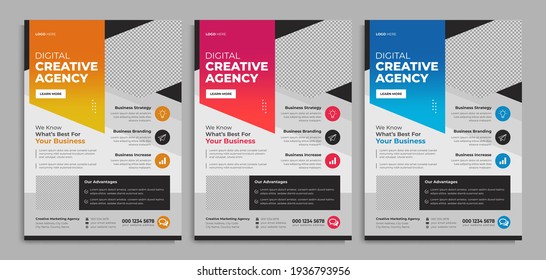 Modern, professional corporate flyer template layout. Service business promotion, marketing poster design with company logo and icon. Digital web banner with abstract geometric shape for online agency