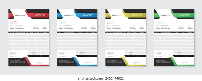 Moderna Plantilla de diseño de Factura creativa profesional, formulario de factura empresarial mínima, lista de Precios, memo de efectivo, Paquete de conjunto de Vectores de Comprobante de pagos, diseño de Acuerdo de una página de papelería editable