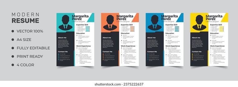 Modern Professional CV Resume, designed in four distinct colors. Vector
