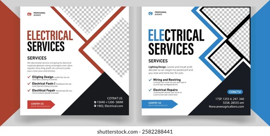 A modern, professional electrical services flyer template featuring bold typography, geometric accents, and space for business details and service offerings.