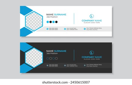 Modern professional email signature or email footer design with blue accents, new creative standard flat personal social media cover with author photo place, editable vector banner layout bundle set