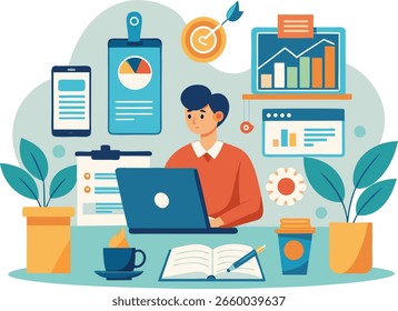Un entorno profesional moderno con un enfoque en el análisis de datos y la planificación estratégica. Esta dinámica escena evoca sentimientos de productividad, innovación y logro de metas.