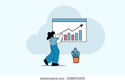 A modern and professional flat design illustration of a business chart, featuring clean lines, vibrant colors, with persentation people and a minimalistic style. 