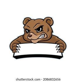 Modern professional grizzly bear holding blank banner for a sport team logo template