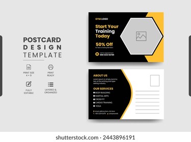 Modern professional gym fitness postcard design template, Training workout gym center postcard template design