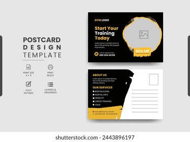 Modern professional gym fitness postcard design template, Training workout gym center postcard template design