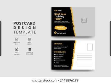 Modern professional gym fitness postcard design template, Training workout gym center postcard template design