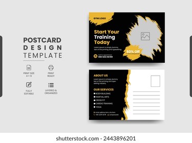 Modern professional gym fitness postcard design template, Training workout gym center postcard template design