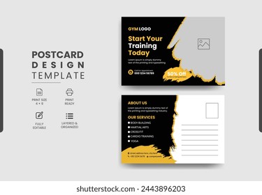 Modern professional gym fitness postcard design template, Training workout gym center postcard template design