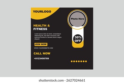 "Modern and professional health and fitness social media poster design template. Includes customizable sections for logo, discount offer, call-to-action, and contact details. 