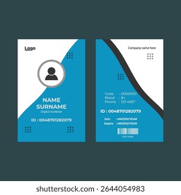 Modern and professional ID card template for corporate, business, or personal identity use. Clean layout with photo placeholder, name, position, contact details, and QR code. Fully editable vector.