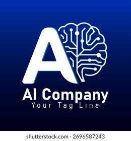 A modern and professional initial A letter logo design combined with a glowing artificial intelligence (AI) brain circuit or neural network graphic. This innovative emblem is perfect for any high-tech