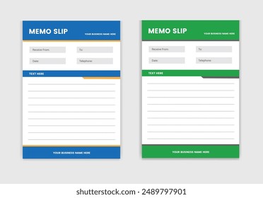 Modern professional invoice memo slip design template for business, corporate style two color variations for your company growth.