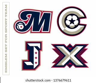 Modern professional letter emblems for sport teams. M,C,J,X letter