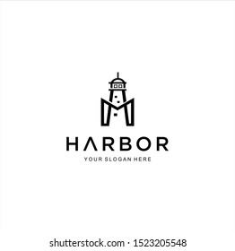 Modern Professional Letter M Lighthouse Logo Emblem . Harbor Logo