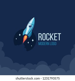 Modern and professional logo made in a flat style. The rocket soaring up against the backdrop of the planet and the stars, leaving behind a smoky trail and fire in the sky. Vector graphics