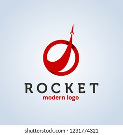 
Modern and professional logo red rocket  flying up from the circle and leaving a trail in the sky. Vector graphics