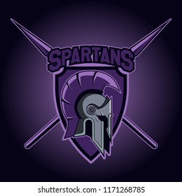 Modern professional logo for sport team. Spartan mascot with shield and spears. Spartans, vector symbol on a dark background.