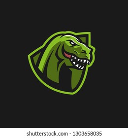 Modern professional logo for sport team. T-rex mascot. Dinosaur vector symbol on a dark background.