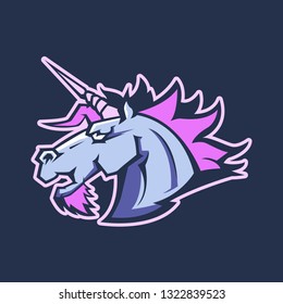 Modern professional logo for sport team. Evil unicorn mascot. Unicorns, vector symbol on a dark background.
