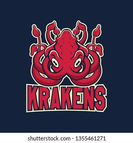 Modern professional logo for sport team. Kraken mascot. Octopus, vector symbol on a dark background.